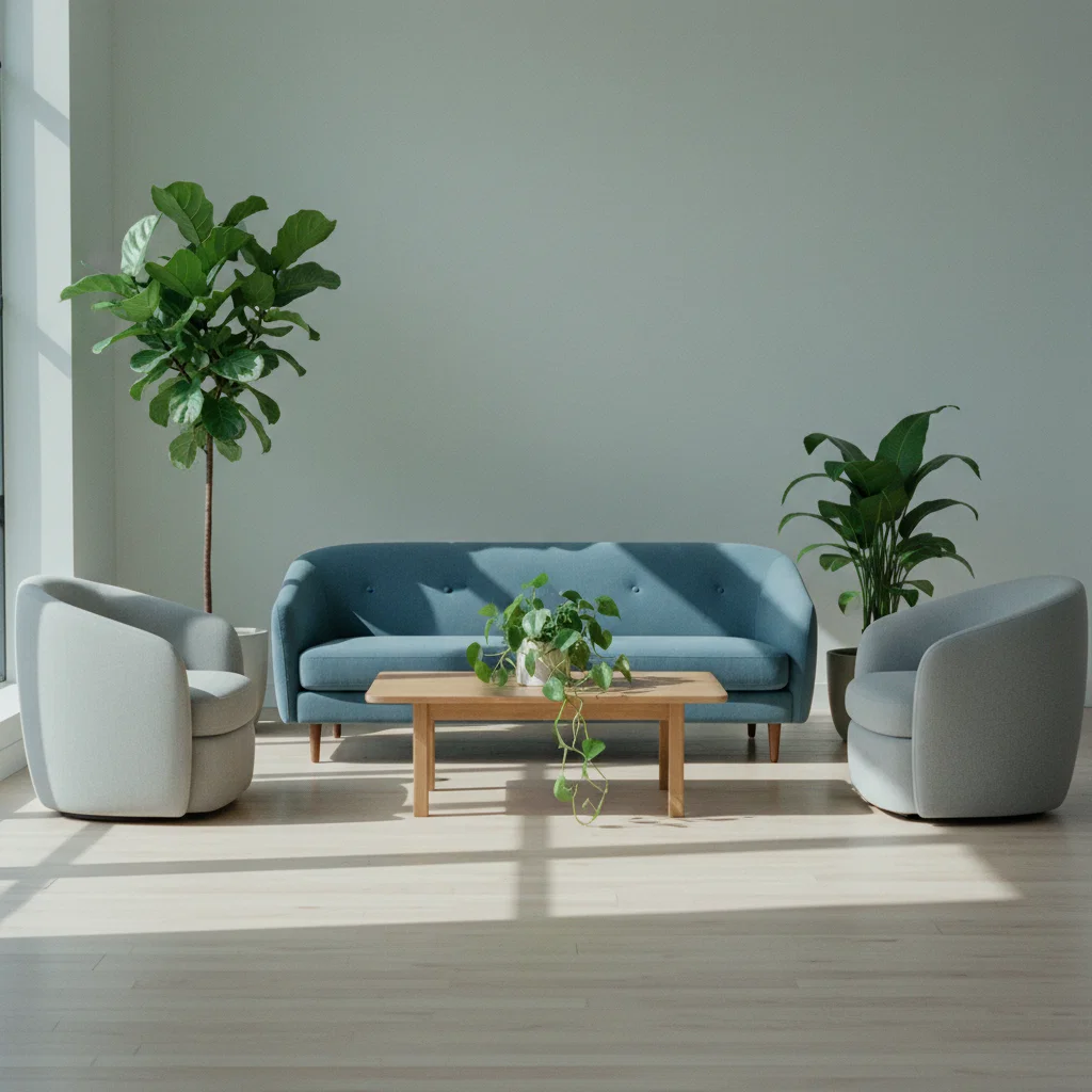 A calm modern desk workspace with a notebook, potted plant and glass of water on a light oak surface