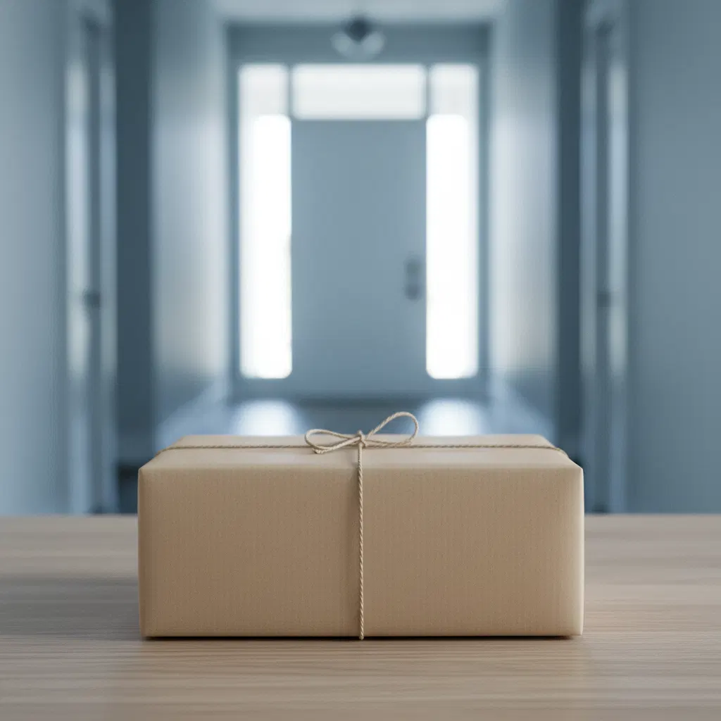 A neat plain kraft paper parcel on a table near a bright front door entryway, ready for collection