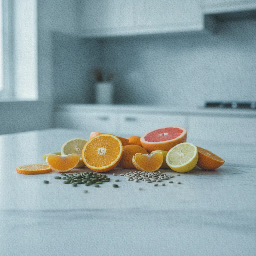 Fresh oranges and citrus slices arranged with zinc-rich pumpkin seeds on a light stone kitchen surface