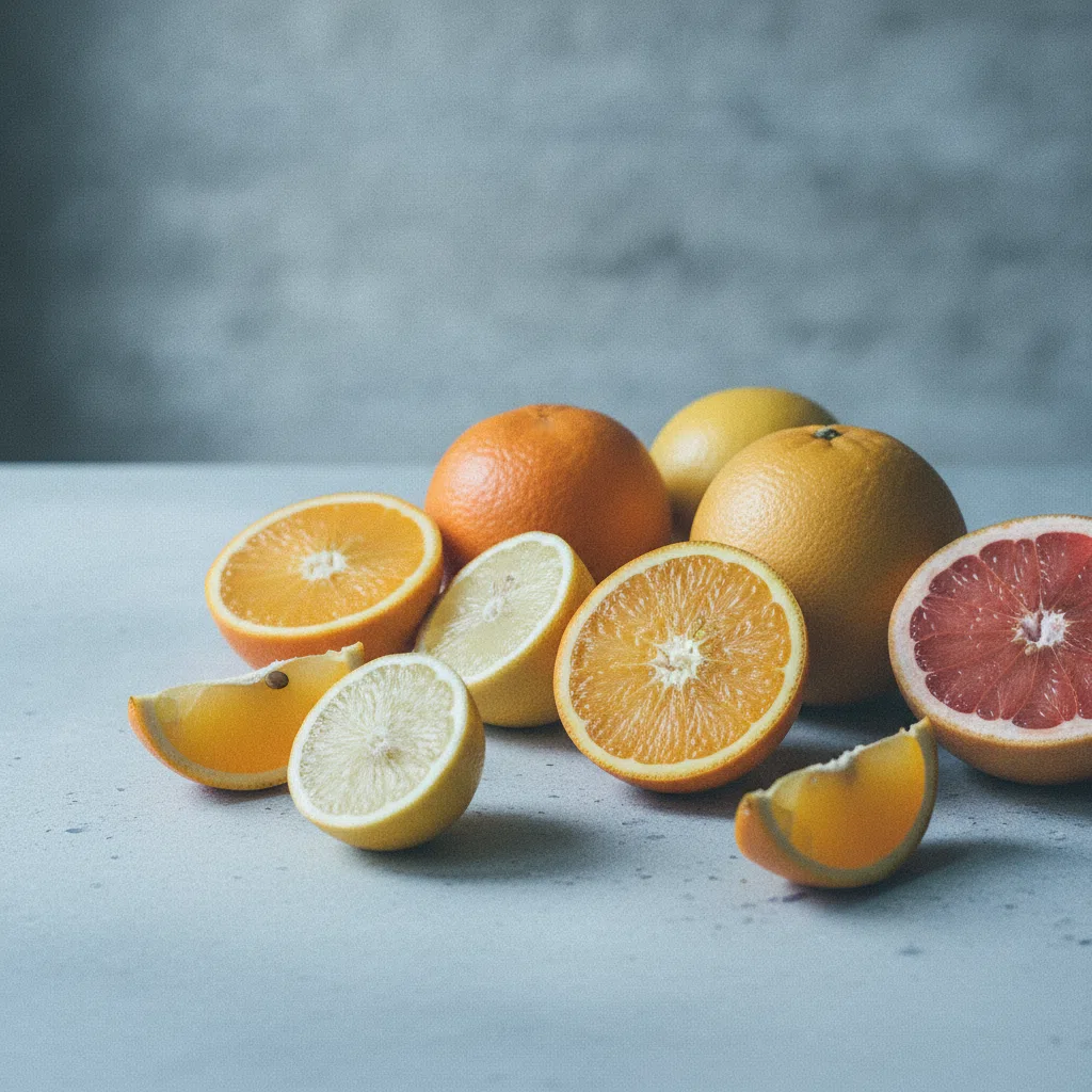 Fresh citrus fruits including oranges and lemons sliced on a pale marble kitchen counter