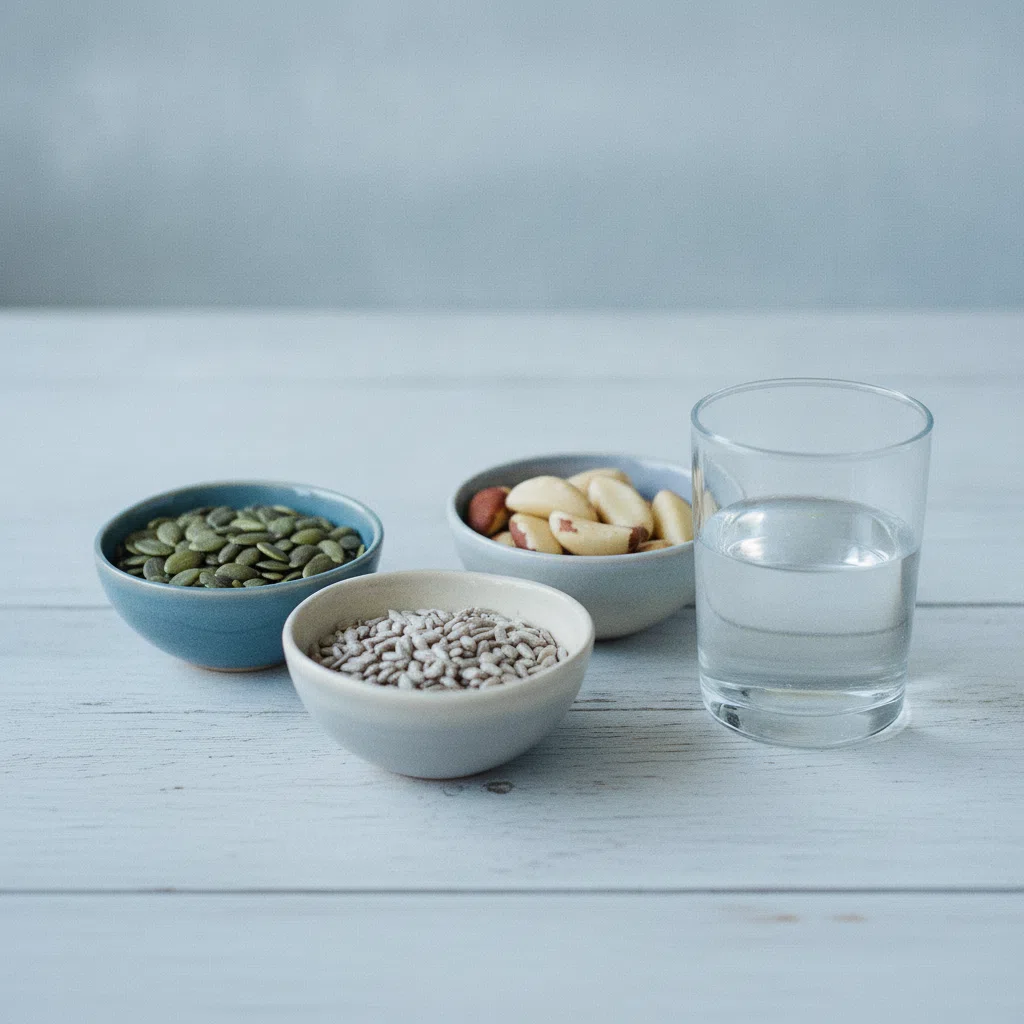 Pumpkin seeds, sunflower seeds and brazil nuts arranged in small ceramic bowls on a wooden table
