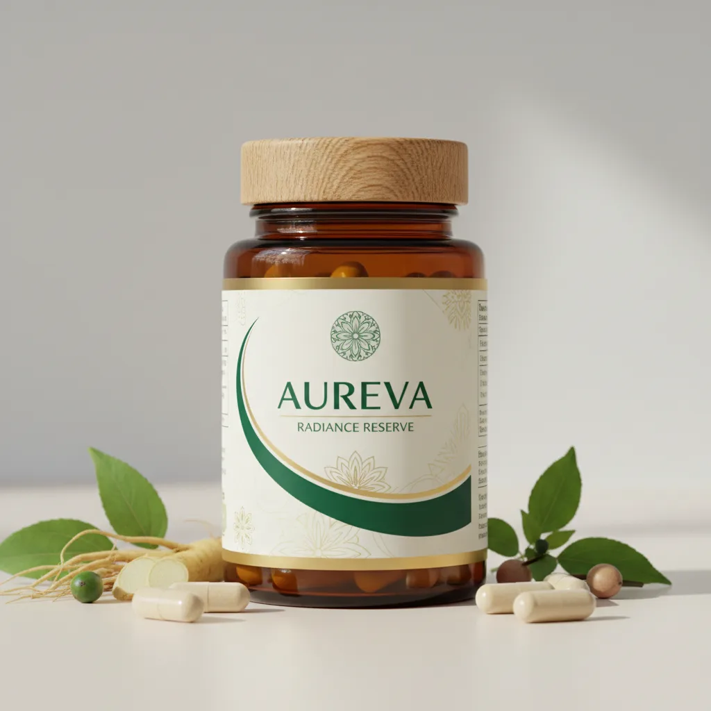 Aureva Radiance Reserve amber glass supplement jar with label, 90 capsules, on a light stone surface